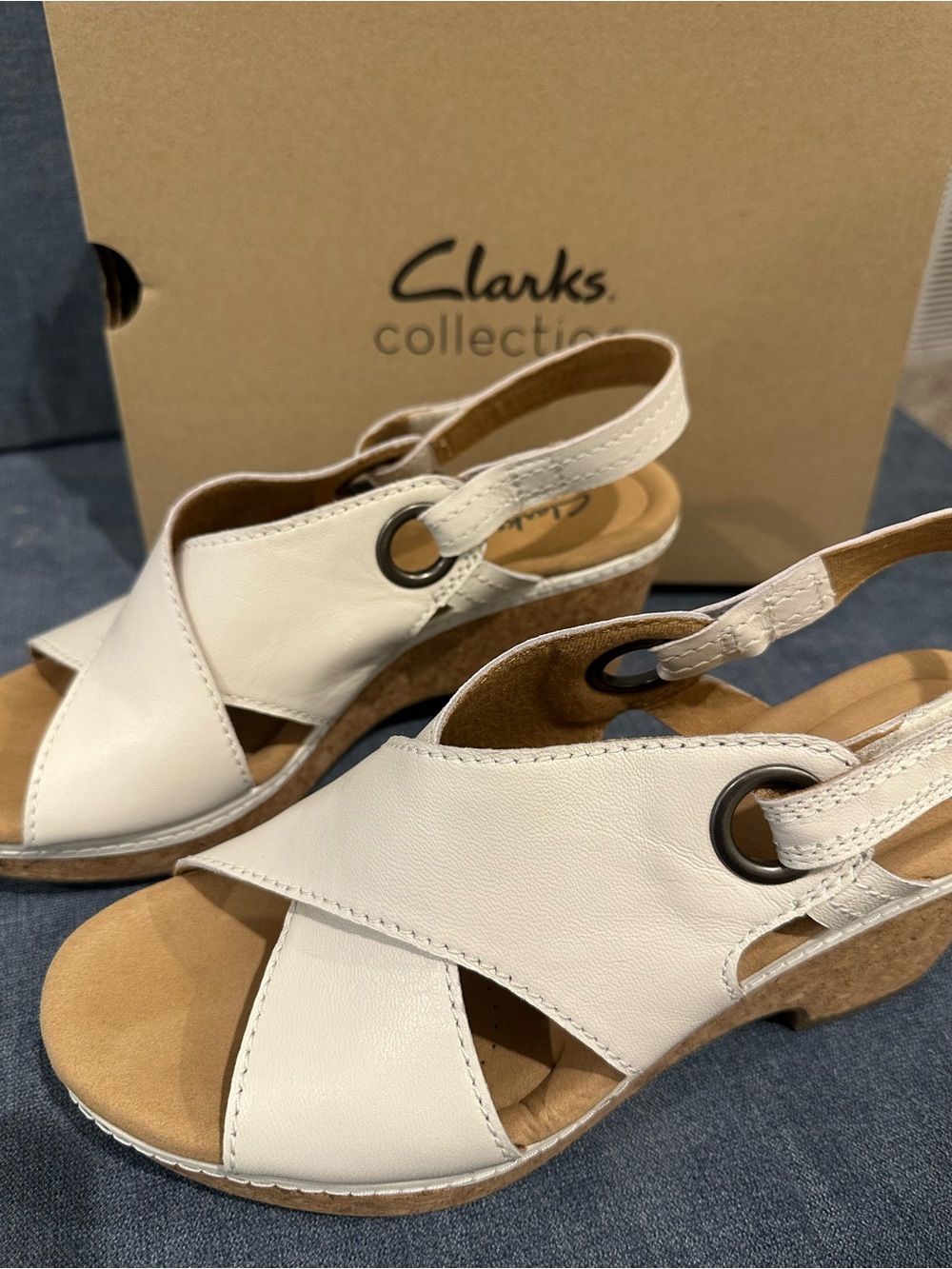 Clarks Cream Leather Cross-Strap Slingback Wedge Sandals - Picture 7 of 8